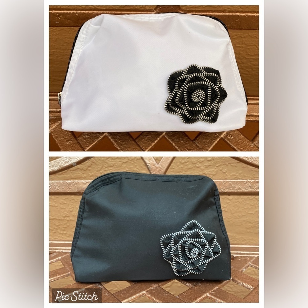 Set of 2 Lancome Black and White Cosmetic Bags with Edgy Zipper Floral Design